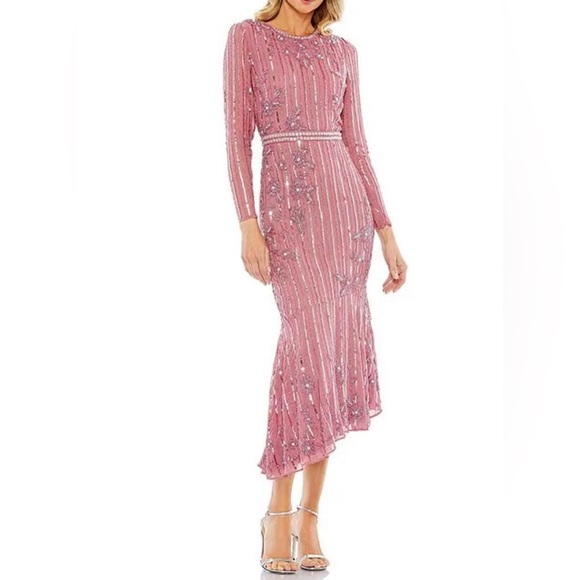 Mac Duggal $558 93627 Long Sleeve Pink Beaded Sequins Asymmetric Dress Gown - Picture 1 of 9